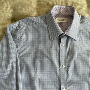 Ted Baker Button Up Shirt Blue Lavender Plaid Contrast Placket Cuffs 16 32 33
